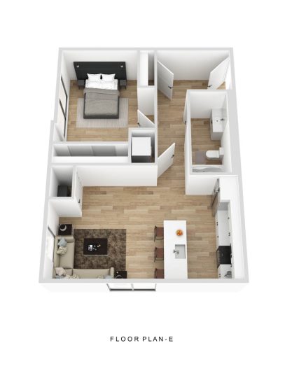 a 3d rendering of a one bedroom apartment at Fuller Park Flats
