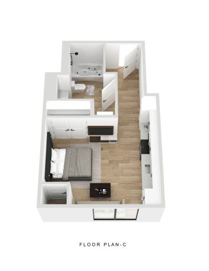 a floor plan of a studio apartment at Fuller Park Flats