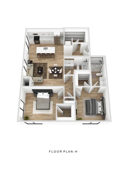 a 3d rendering of a two bedroom apartment at Fuller Park Flats